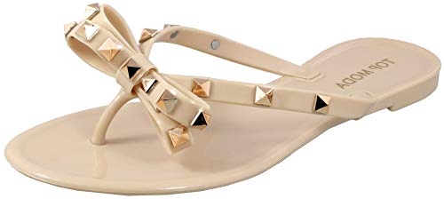 TOP Moda Women's Studded Jelly Flip Flops Sandals, Nude, 8