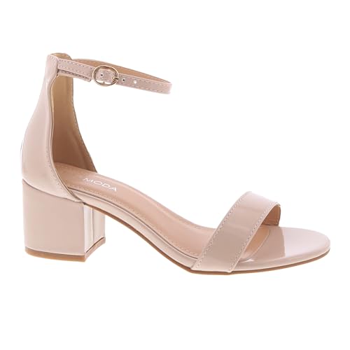 TOP Moda Darcie-1 Ankle Strap Dressy High Heel Sandal, Non-slip Sole, For Wedding, Party, Prom, Evening Wear, or Any Occasion, Sleek Style Block Heel Sandals, Nude Patent, 8.5