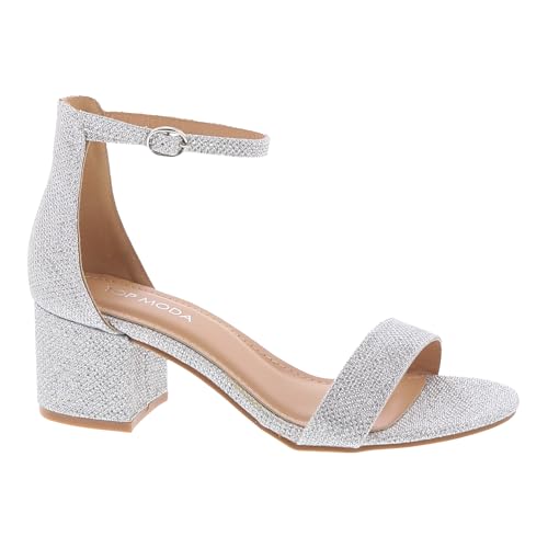 TOP Moda Darcie-1 Ankle Strap Dressy High Heel Sandal, Non-slip Sole, For Wedding, Party, Prom, Evening Wear, or Any Occasion, Sleek Style Block Heel Sandals, Silver Glitter, 9